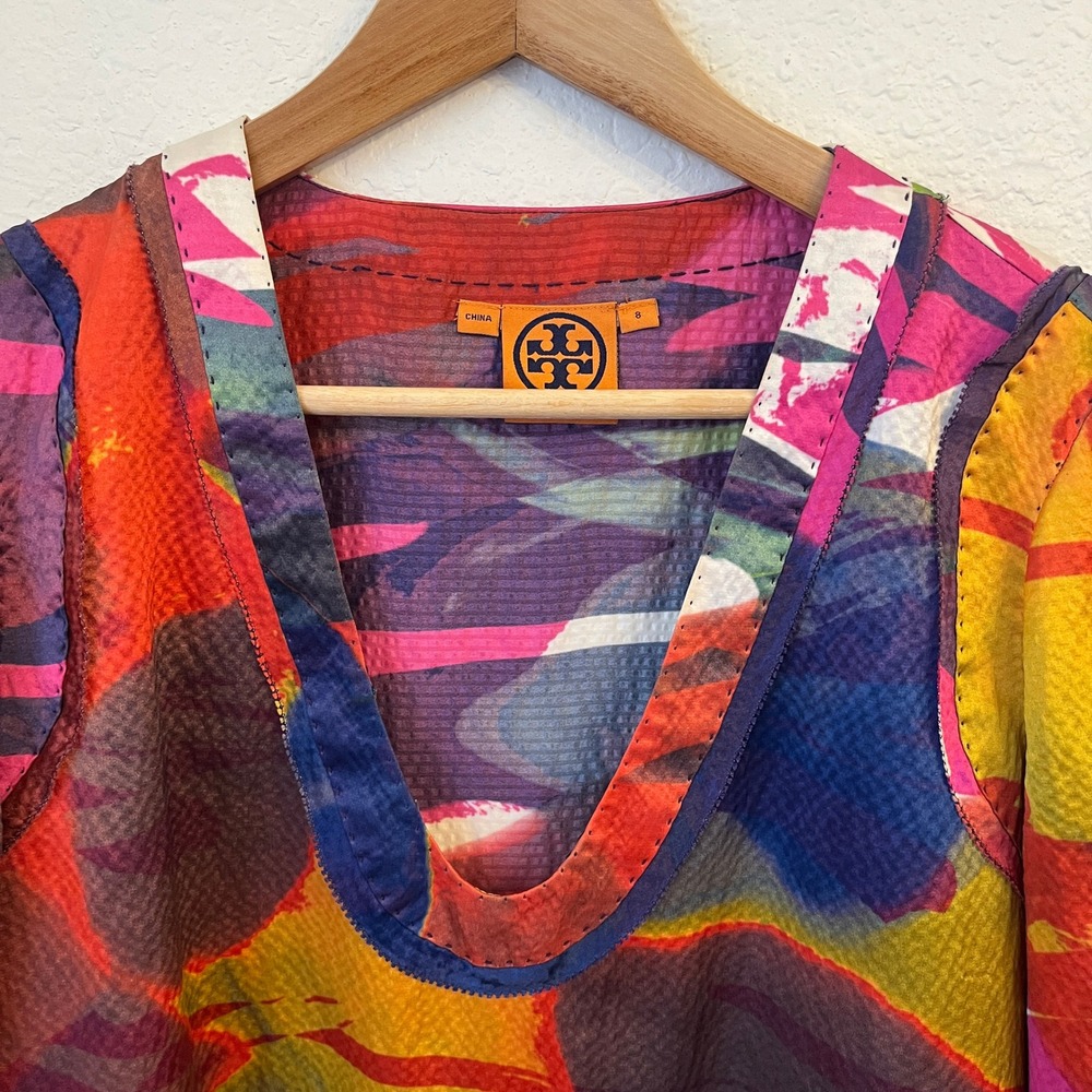 Tory Burch 100% Silk Tunic Blouse 8 Vibrant Abstract‎ Watercolor Artsy Designer - Picture 2 of 12